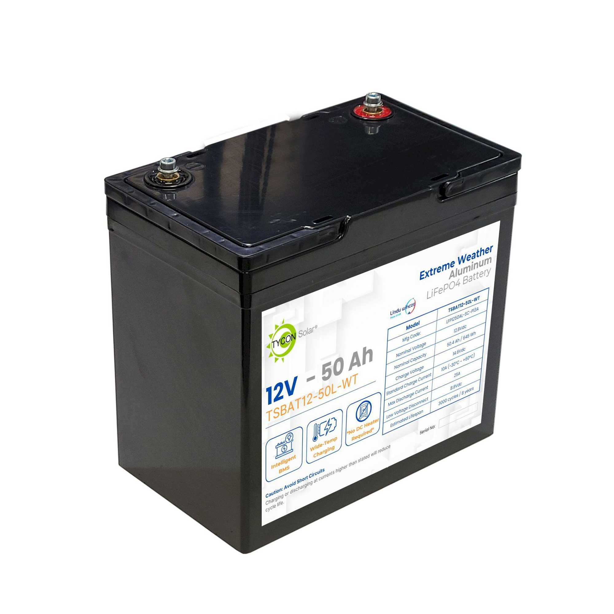 Tycon Power Systems TSBAT12-50L-WT 12V 50AH Wide Temp Aluminum LFP Battery w/ 6mm Screw Terminals