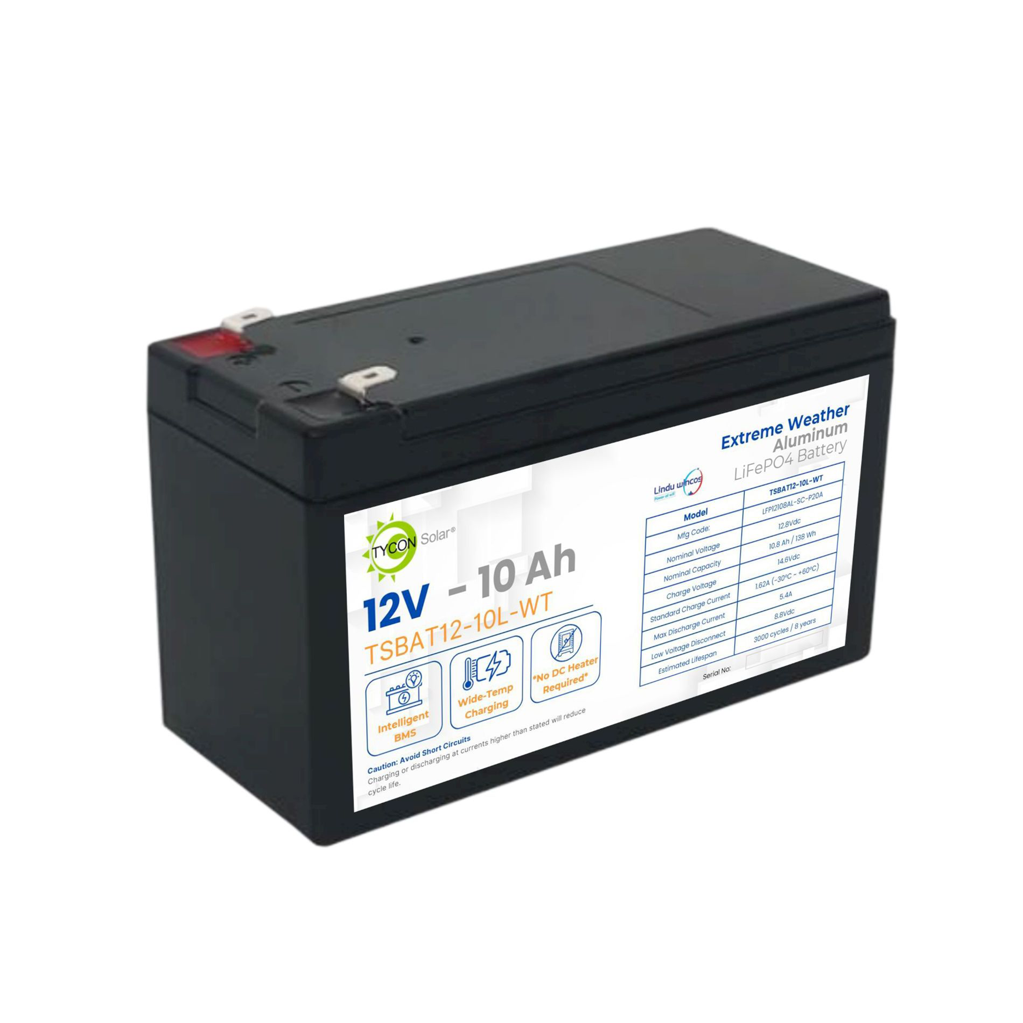 Tycon Power Systems TSBAT12-10L-WT 12V 10AH Wide Temp Aluminum LFP Battery w/ F2 0.25in Terminals