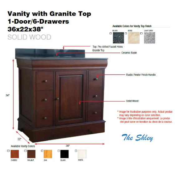 Picture of Vanity with Granite Top 1-Door/6-Drawer 36x22x38"  Black