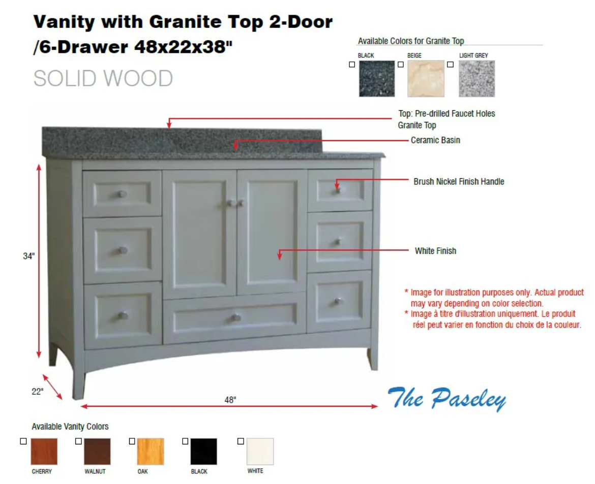 Picture of Vanity with Granite Top 2-Door/6-Drawer 48ix22x38"  Beige