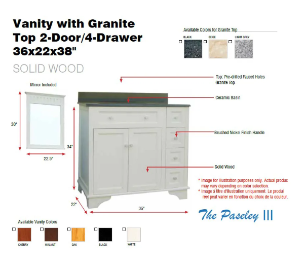 Picture of Vanity with Granite Top 2-Door/4-Drawer 36x22x38" Grey