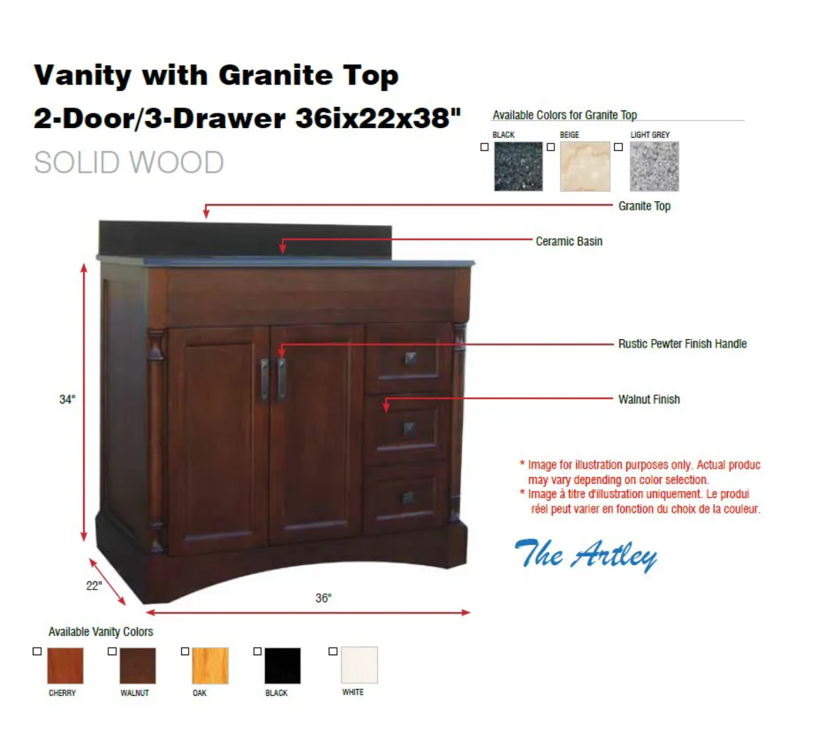 Picture of Vanity with Granite Top 2-Door/3-Drawer 36ix22x38" Black
