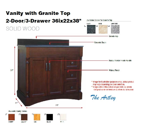 Picture of Vanity with Granite Top 2-Door/3-Drawer 36ix22x38" Black