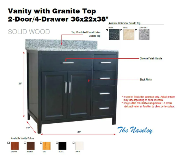 Picture of Vanity with Granite Top 2-Door/4-Drawer 36x22x38" Beige
