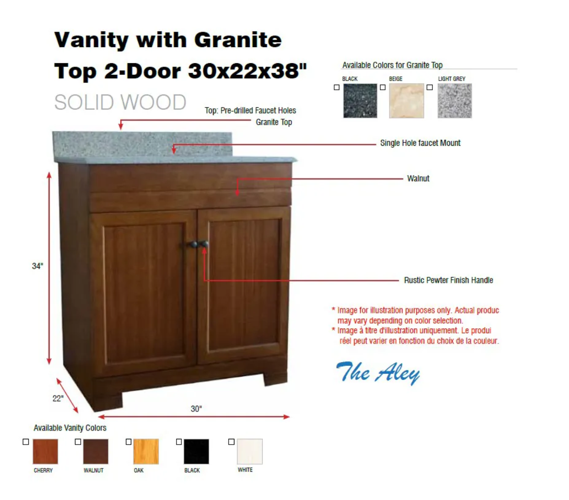 Picture of Vanity with Granite Top 2-Door 30x22x38" Beige