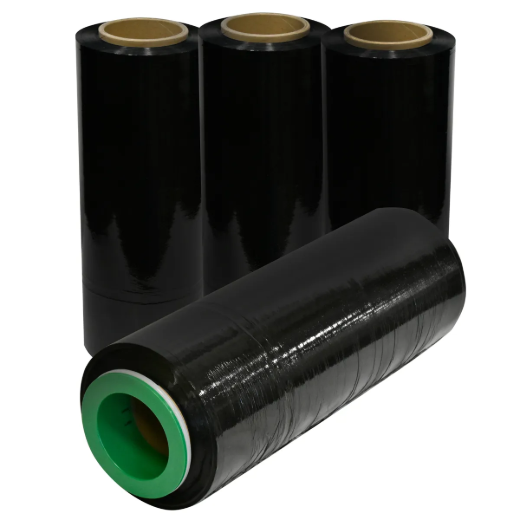 Picture of 4PK Hand Stretch Wrap Black 14 in x 1500ft 70GA. Bonus 1-Pair Handle