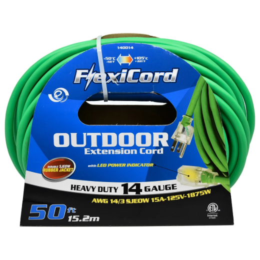 Extension Cord Outdoor SJEOW 14/3 1-Outlet Lighted 50ft Green