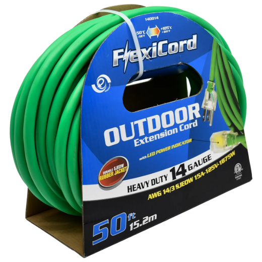 Extension Cord Outdoor SJEOW 14/3 1-Outlet Lighted 50ft Green