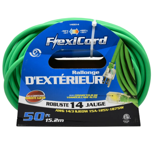 Extension Cord Outdoor SJEOW 14/3 1-Outlet Lighted 50ft Green
