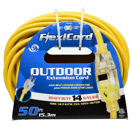 Extension Cord Outdoor SJTW 14/3 Single Tap Yellow 50ft