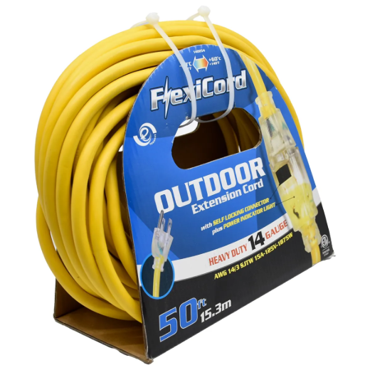 Extension Cord Outdoor SJTW 14/3 Single Tap Yellow 50ft