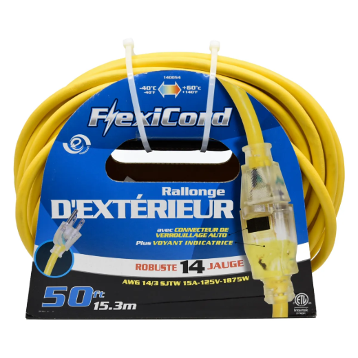 Extension Cord Outdoor SJTW 14/3 Single Tap Yellow 50ft