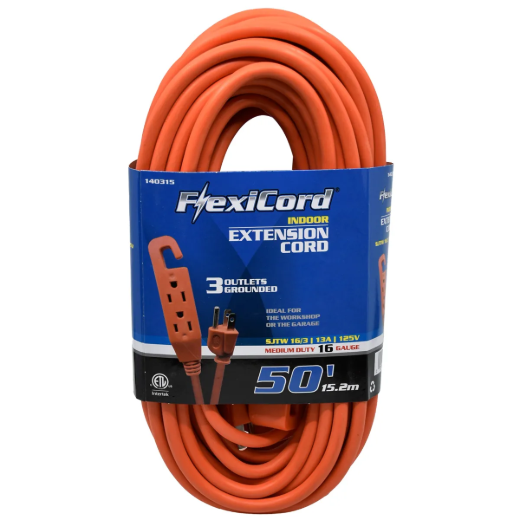 Extension Cord Indoor SJTW 16/3 3-Tap 50ft Orange