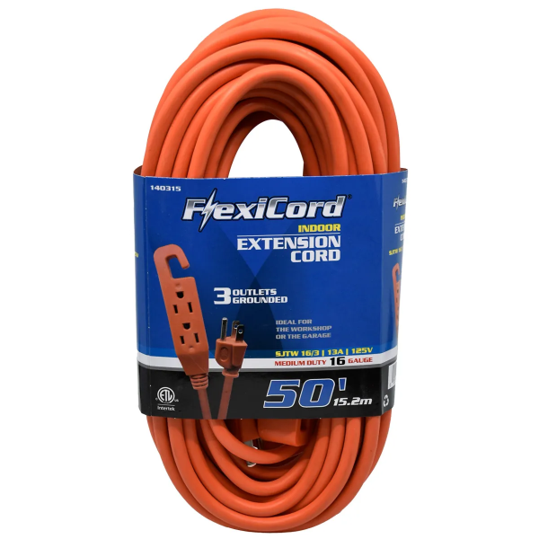 Extension Cord Indoor SJTW 16/3 3-Tap 50ft Orange