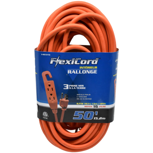 Extension Cord Indoor SJTW 16/3 3-Tap 50ft Orange