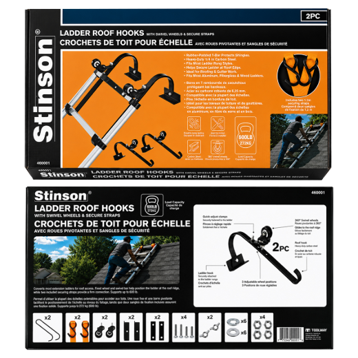 2PK Carbon Steel Ladder Roof Hooks With Fixed Wheel Swivel Bar And Secure Straps 600lb