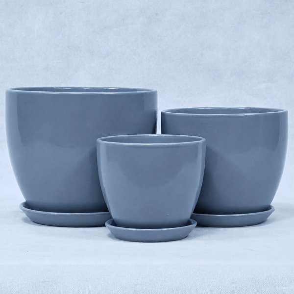 Curve Petite Planters With Attached Saucers 12PC 4-Sets 1-Box Glossy Grey