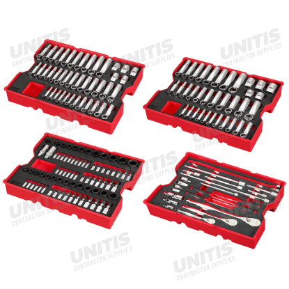 Milwaukee 242pc. 1/4 inch, 3/8 inch, & 1/2 inch Drive Metric & SAE Ratchet & Socket Set with Trays