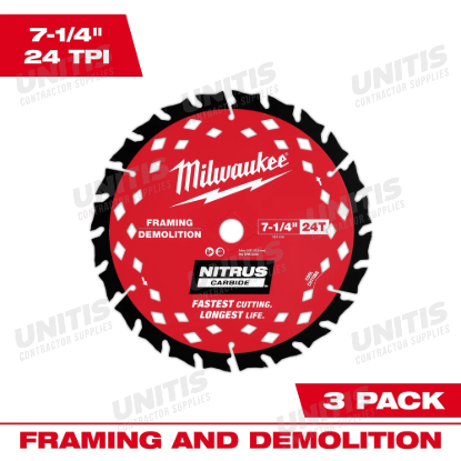 Milwaukee 7-1/4â€ 24T NITRUS CARBIDE Framing & DEMOLITION Circular Saw Blade - 3 Pack