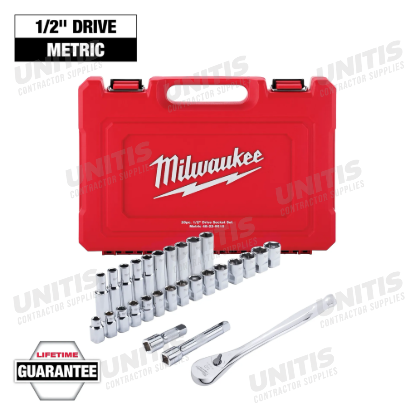 Milwaukee 28 Piece 1/2" Drive Metric Ratchet and Socket Set with Four Flat Sides