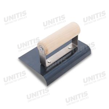 Marshalltown 6" x 4" Blue Steel Edger; 3/8" Radius, 1/2" Lip - Wood Handle
