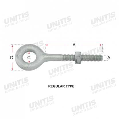 Regular Pattern Eye Bolt, Forged 1030 Carbon Steel - HDG - 1/2" x 3-1/4"