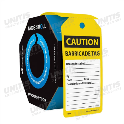 Tags by the Roll - CAUTION BARRICADE - 100 per Roll
