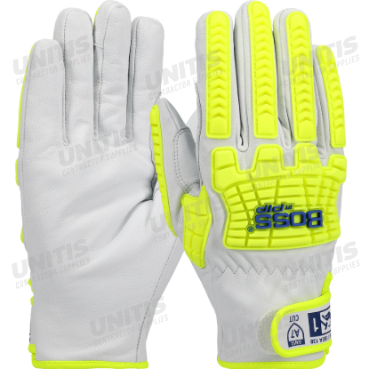 Boss Goatskin Leather Drivers Hi-Vis Green Glove - Cut Level A7 - M (Per Pair)