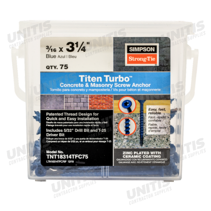 Simpson Titen Turbo - 3/16" x 3-3/4" Torx Flat-Head Concrete Screw, Blue - 100/box